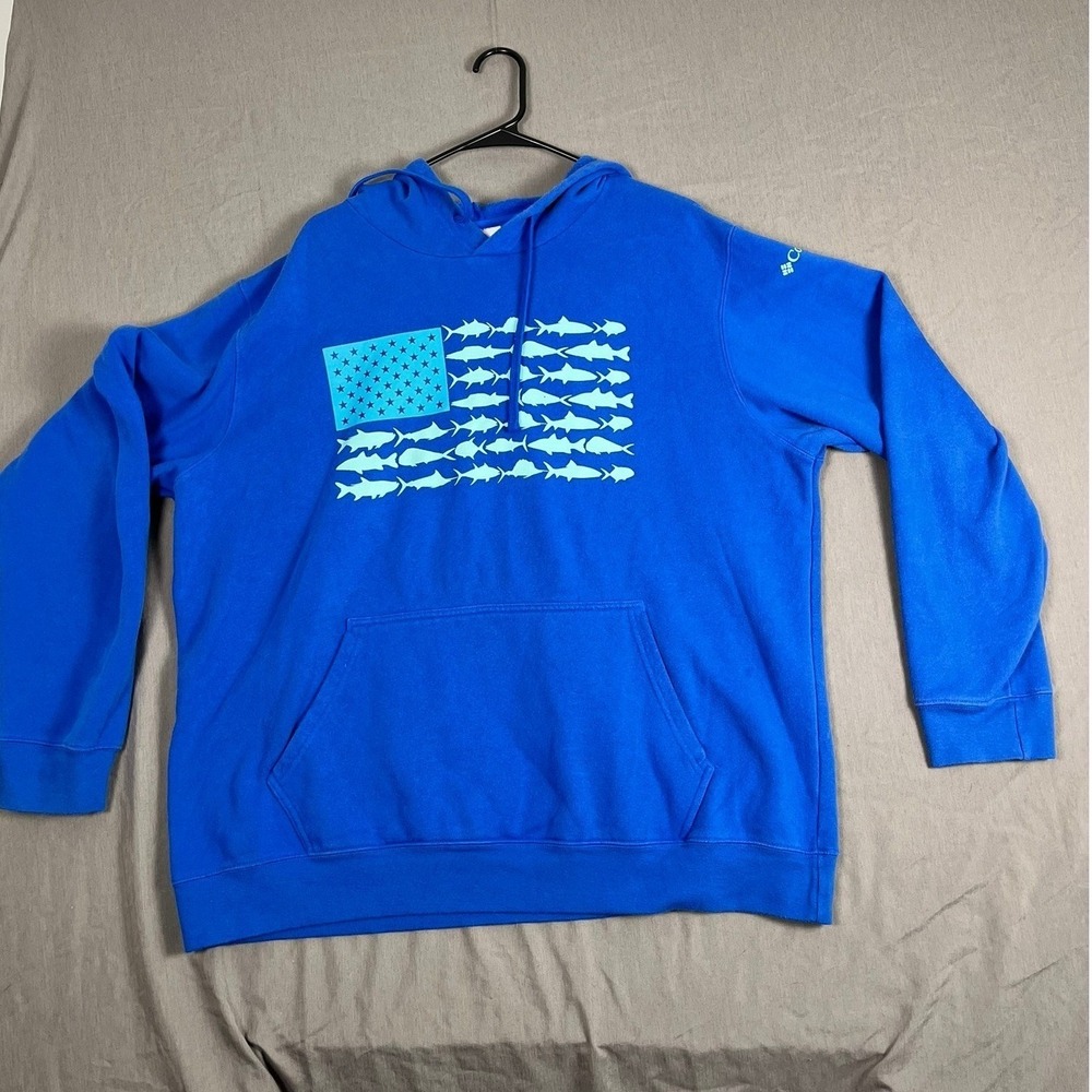 Columbia Hoodie Mens XL PFG Performance Fishing Gear Blue Fish Flag Graphic